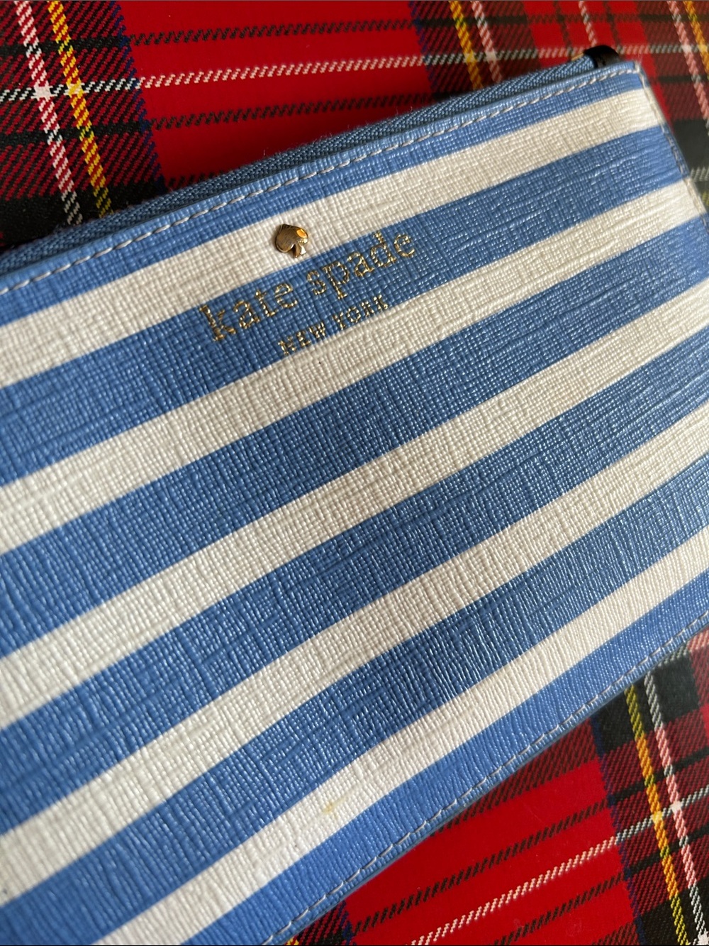 Kate Spade Fairmount Striped Leather Wristlet Clutch Blue Wave Saffiano PVC